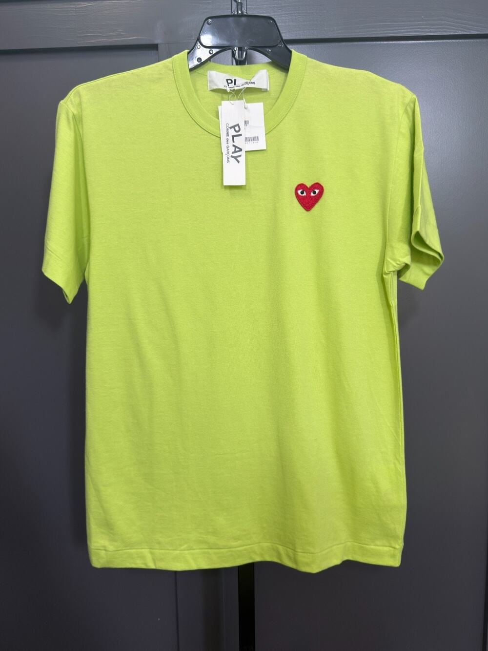 Comme des Garçons PLAY Red Heart Logo T-Shirt Lime Green Short Sleeve NWT